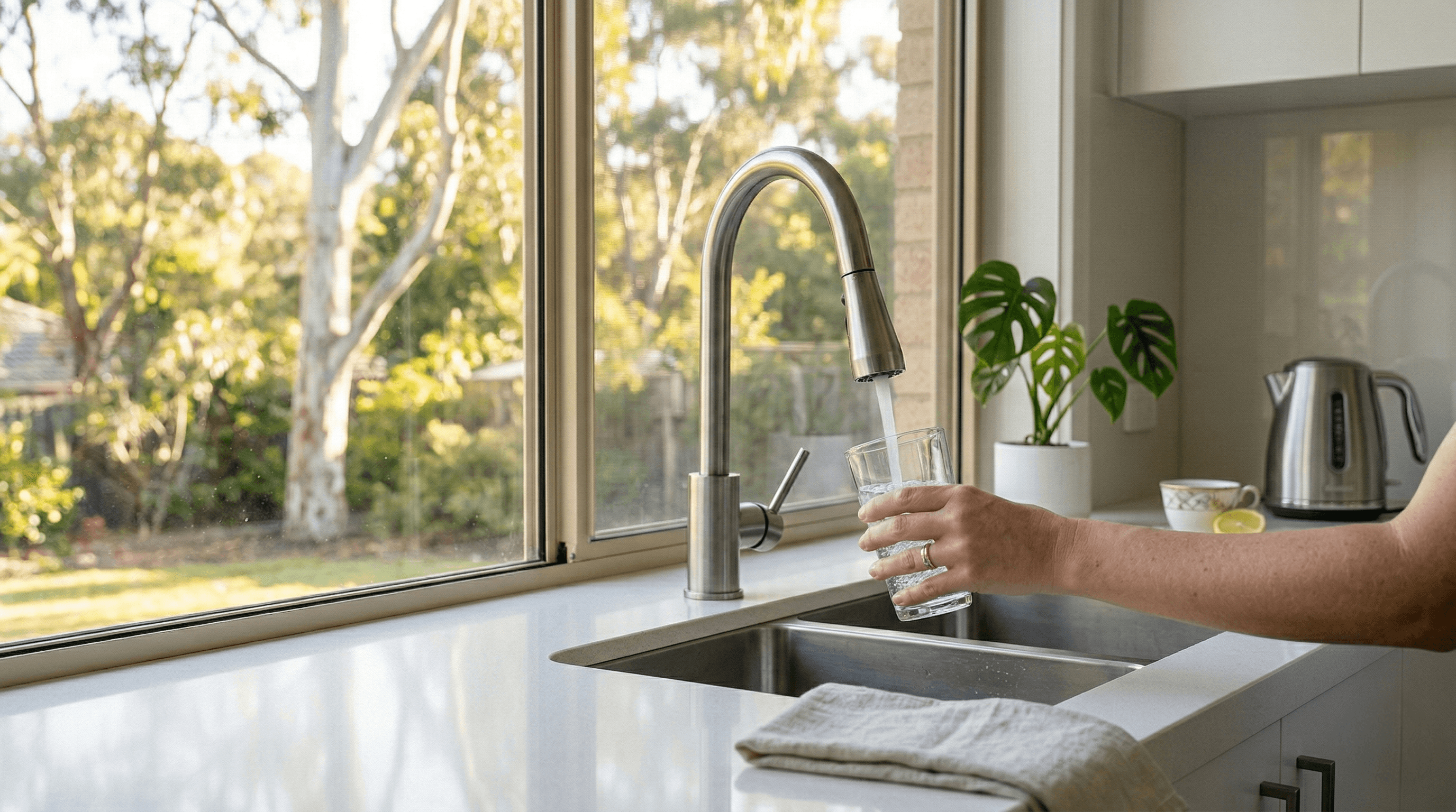Water tap pouring into a glass